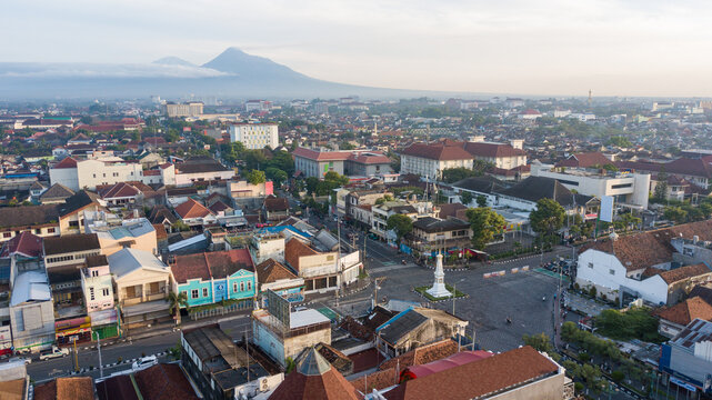Panoramic Aerial View of Tugu Yogyakarta Crossroads and Mount Merapi Volcano, Indonesia
