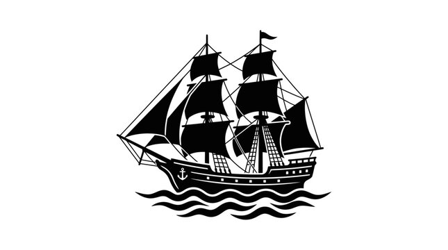 Black Silhouette of a Vintage Sailing Ship on Waves