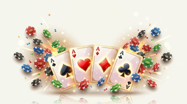 A 3D vector illustration of a casino jackpot concept with poker chips and playing cards on a vibrant scene.