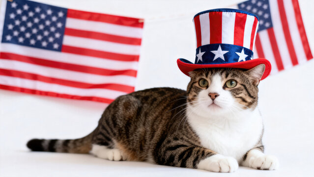 Cat wearing hat flag american pattern portrait on white background. 4th of July USA Independence Day. presentation. advertisement. invite invitation. copy text space.