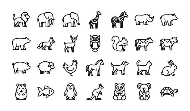 Animal Outline Icon Collection Featuring Farm Pets Wildlife and Domestic Species