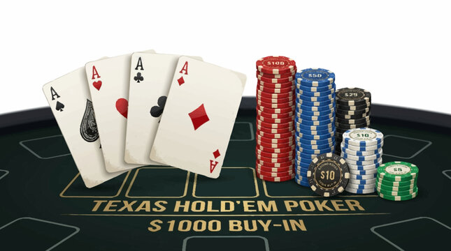 Poker players arrange aces with chips on a casino table in 3d vector illustration