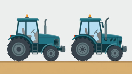 Two blue-green flat design farm tractors on brown ground illustration © Mountain Top Studio