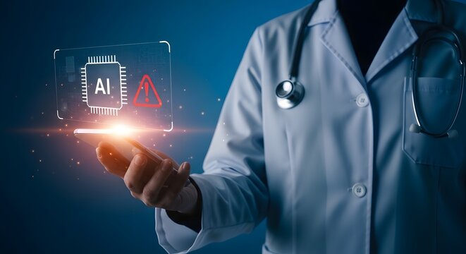 Doctor examining a glowing AI microchip and red warning sign. Medical technology risks and diagnostic system alerts. Physician holding a phone projecting a holographic hazard symbol.