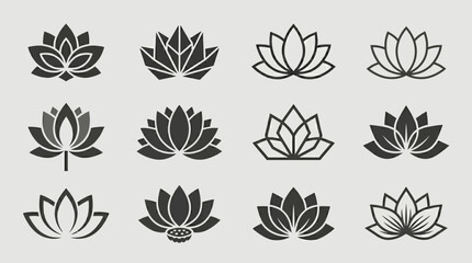 Obraz premium Collection of 9 lotus flower icons on a clean light gray background, minimalist vector design.