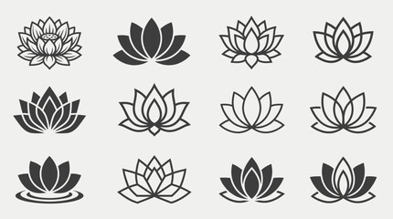 Fototapeta premium Collection of 9 lotus flower icons on a clean light gray background, minimalist vector design.
