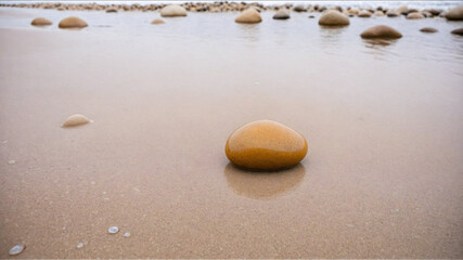 Obraz premium Close-up of smooth, round, wet stones scattered on a sandy beach with soft focus background