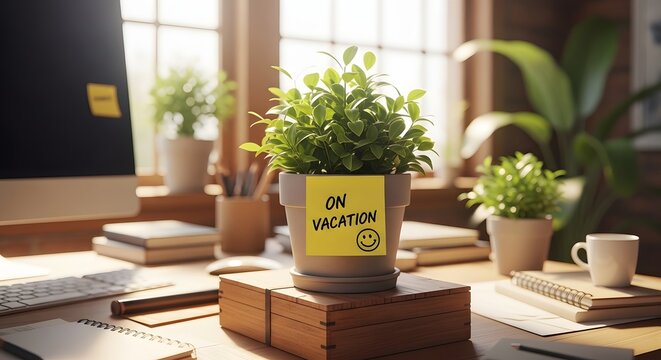 Potted plant on a desk with a sticky note. Workplace absence and employee vacation. Note with a smiley face attached to a green plant.