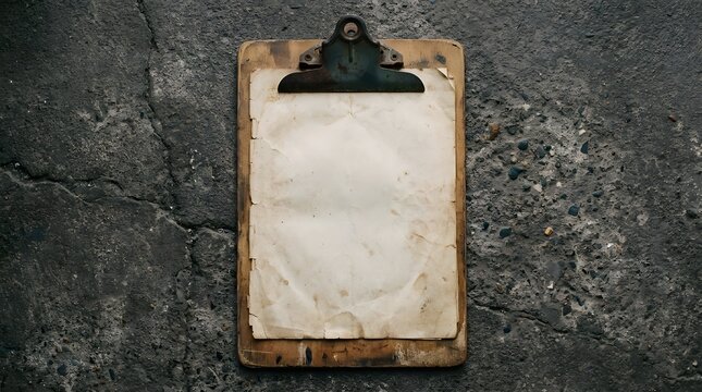 Vintage wooden clipboard with aged paper on textured concrete surface top down perspective