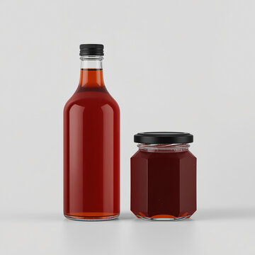 Tall amber glass syrup bottle and hexagonal glass jam jar isolated on white background, unbranded 8k artisan food packaging product mockup