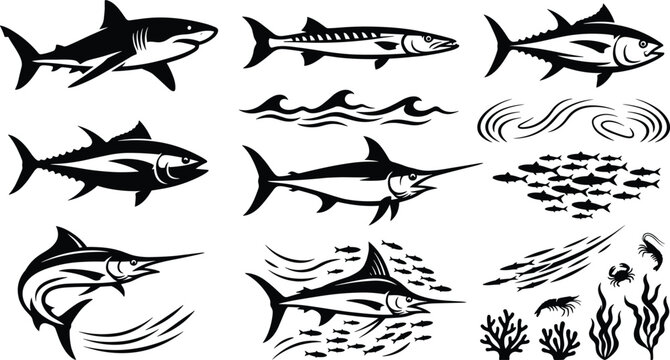 Ocean Game Fish Silhouette Icon Set with Shark, Tuna, Marlin, Barracuda, Baitfish Swarm, Waves, and Seaweed Vectors for Fishing Tournament Logos