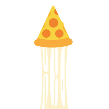 Pepperoni Pizza Slice with Long Melting Cheese Pull Illustration on White Background