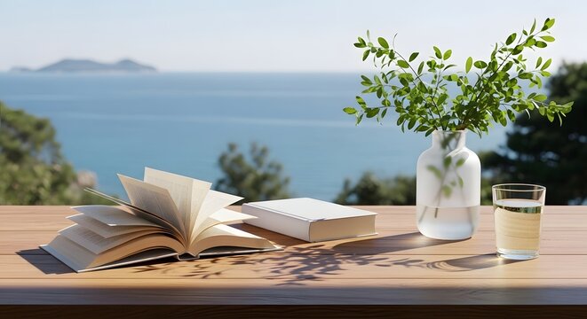 Open book and glass of water on a wooden table with an ocean view. Relaxing vacation reading and peaceful summer retreat. Books resting on a sunny desk by the sea.