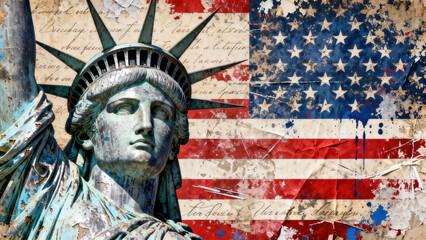 Obraz premium Vintage Statue of Liberty and American Flag on Distressed Background