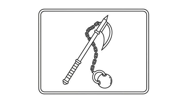 Medieval Flail Weapon Icon, Black and White Line Art