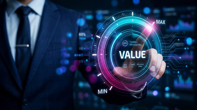 Digital display showing "VALUE" on a futuristic interface, symbolizing business growth and efficiency, perfect for technology and finance concepts.