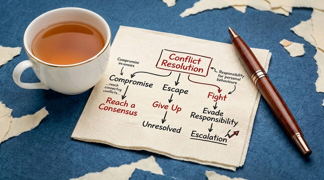 A flowchart on a napkin depicts conflict resolution paths: compromise, escape, give up, fight, and escalation. Symbolizes problem-solving and decision-making.