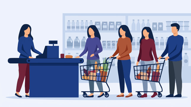 People shopping at a grocery store checkout with a cashier