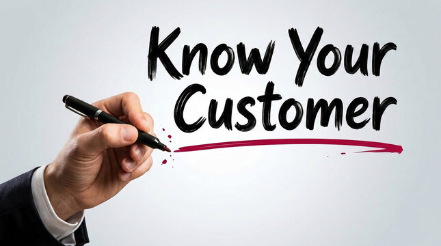 Hand in suit writing "Know Your Customer" with pen, representing business strategy and client understanding, with free space for text.
