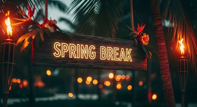 Illuminated spring break sign hanging in a dark tropical forest. Evening beach parties and holiday vacation celebrations. Wooden board displaying neon text surrounded by lit tiki torches.