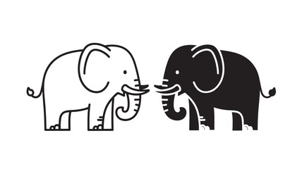 Fototapeta premium Elephant Icons Facing Each Other in Black and White, Friendly Line Art Design with Simple Outlines and Trunk Greeting Pose