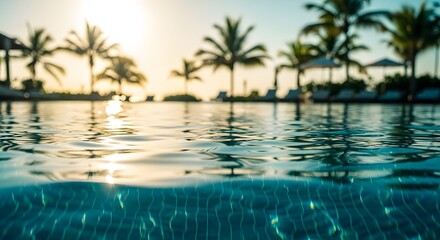 Fototapeta premium Close up view of rippling swimming pool water at luxury resort. Summer vacation and tropical holiday relaxation. Blurred palm trees glowing under the evening sunset.