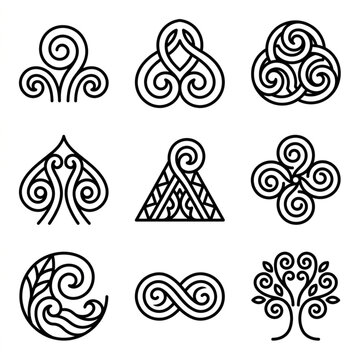 Collection of Celtic knot symbols and abstract designs.