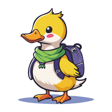 Cute cartoon duck carrying purple suitcase