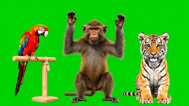 Exotic wildlife group including parrot monkey and tiger cub isolated on green screen for video editing stock footage