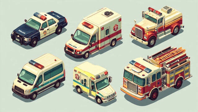 Collection of Emergency Vehicles Including Ambulance Fire Truck and Police Car.