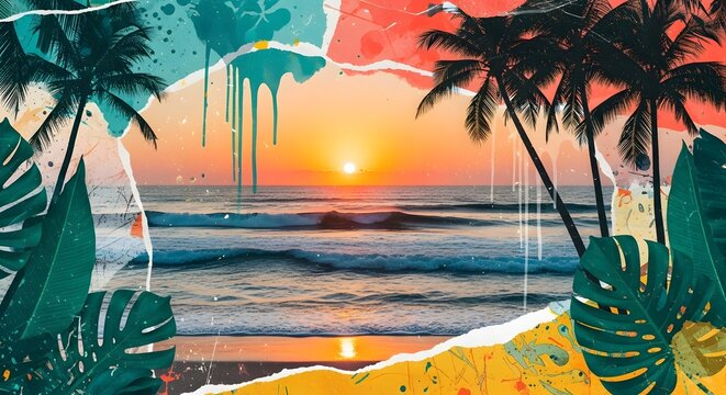 Tropical ocean sunset framed by torn paper and painted textures. Creative summer art and mixed media collage. Beautiful seascape viewed through an artistic botanical border.