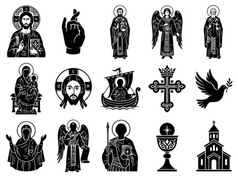 Orthodox Christian Religious Icons and Symbols Set