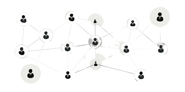 Network graph with person silhouettes and connecting lines on black background