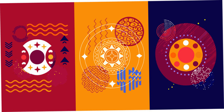 Geometric Memphis style pattern with circles waves and triangular shapes