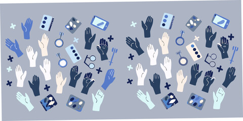 Fototapeta premium Hands And Symbolic Objects Blue Vector Illustration With Gray Background