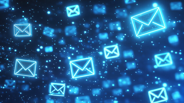Abstract background with glowing blue email icons floating in digital space.