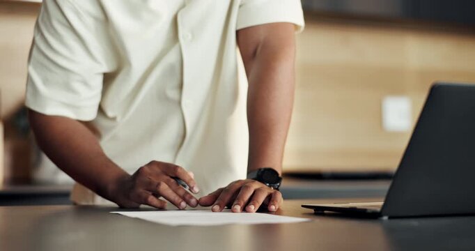 Review, signature or hands with document in house, property transfer agreement or deed of sale contract. Real estate, writing or person with paperwork for ownership, residence purchase or check info
