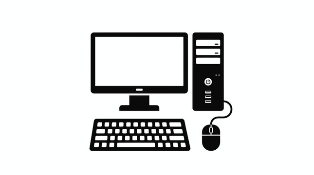 Desktop Computer Icon Set: Monitor, Keyboard, Mouse, Tower - Black and White