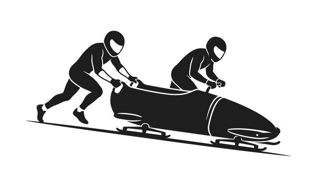 Bobsled Team Pushing Sled Downhill, Winter Sports Silhouette