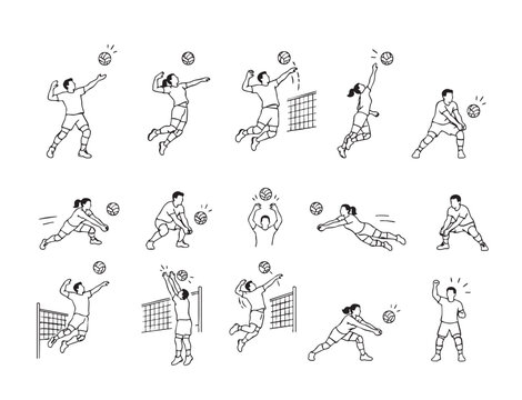 Collection of volleyball athletes in different game situations including serving, spiking, blocking, receiving, digging, setting, defending and celebrating victory.