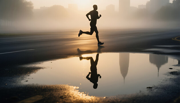 Runner jogging on empty road with reflection in puddle at sunrise -  