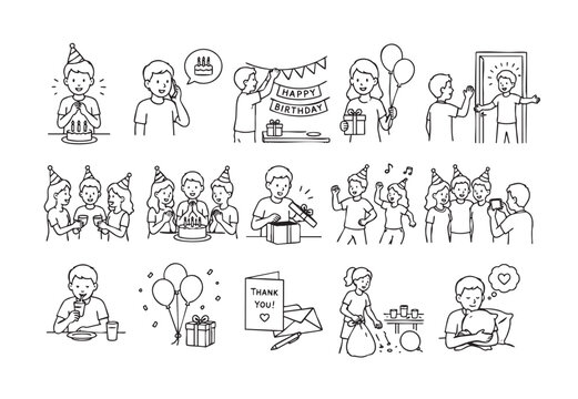 Birthday party activities and celebration scenes set.