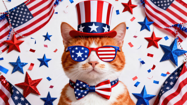 Patriotic Cat with American Flag Sunglasses and Top Hat