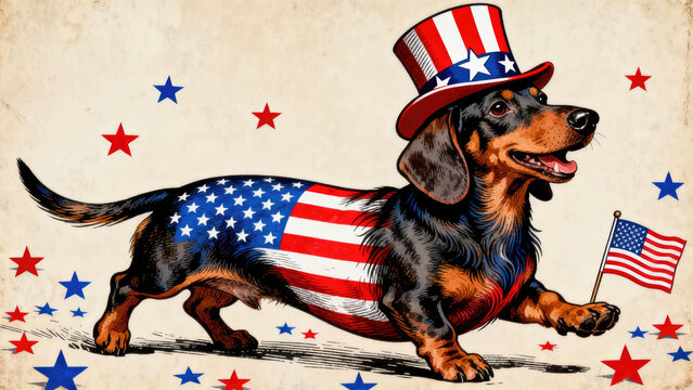 Patriotic Dachshund Dog Wearing Uncle Sam Hat with American Flag