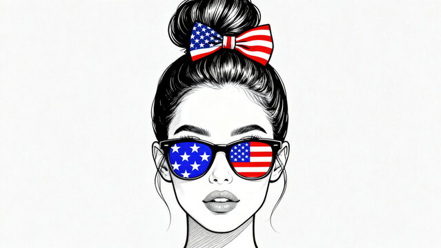 Illustration of a woman head with hair bun and sunglasses adorned with the American flag isolated in white background.