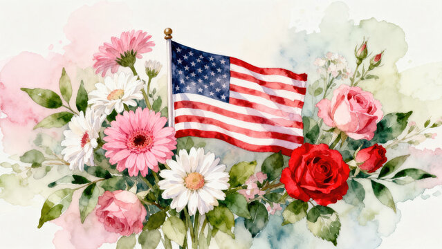 Vibrant American flag surrounded by blooming spring flowers in soft watercolor hues, perfect for 4th of July celebrations, ideal for sublimation, apparel, and home decor designs.