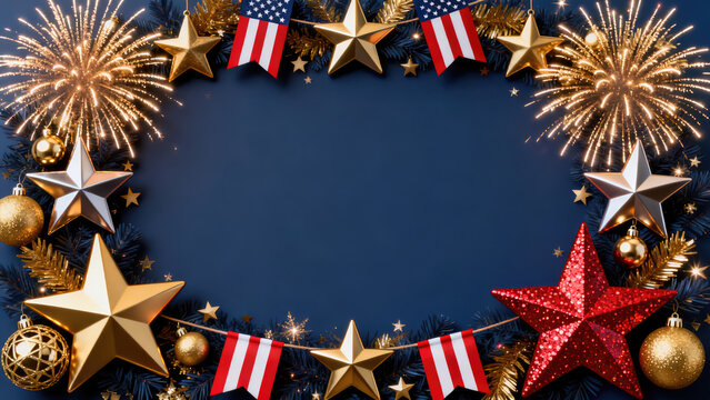 Patriotic Celebration: Festive 4th of July background with fireworks and stars on a vibrant blue backdrop