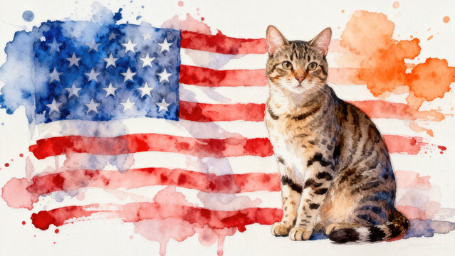 Savannah cat july watercolor animal patriotic with american flag celebration usa (united state) art cute cartoon for independence day memorial day clip art. Savannah. Illustration