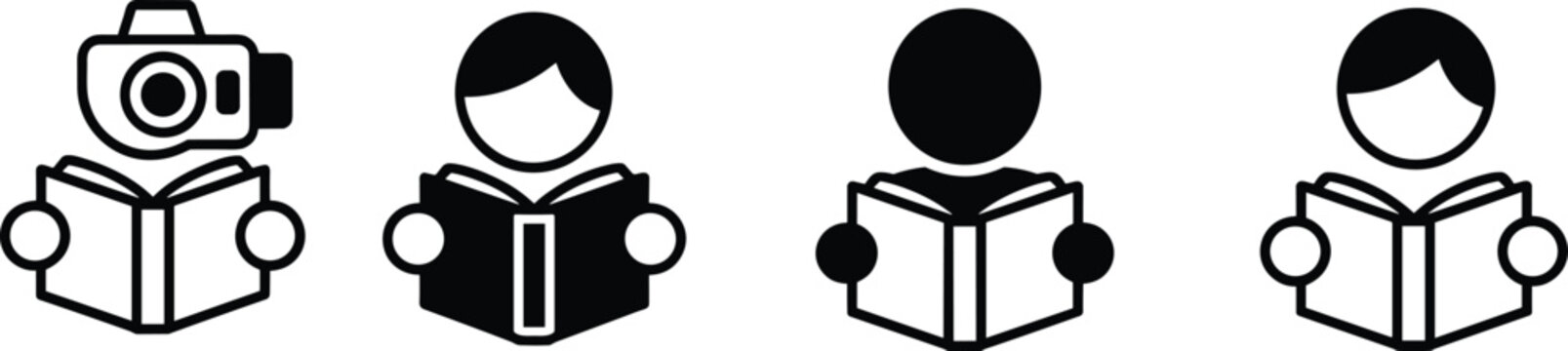 Black and white person reading book icons set for education student study library online learning vectors