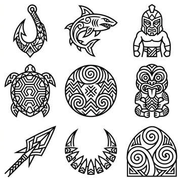 Collection of Polynesian Tribal Tattoo Style Illustrations.
